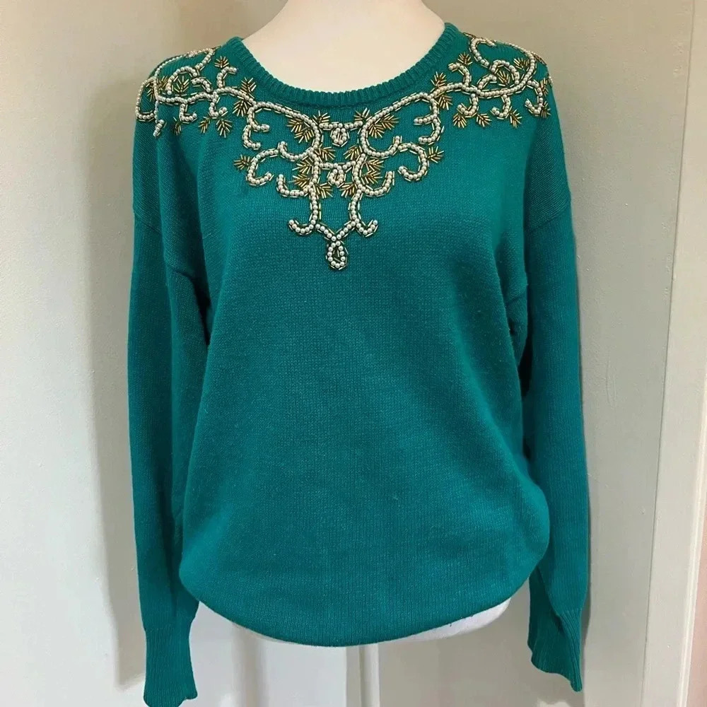 Vintage Teal Beaded Sweater by Dana Scott - Size L